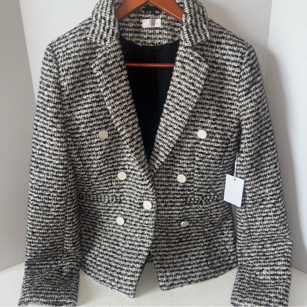Women’s Ecru Size 6 Cream Brown Double Breasted Lined Buttoned Longsleeve Blazer